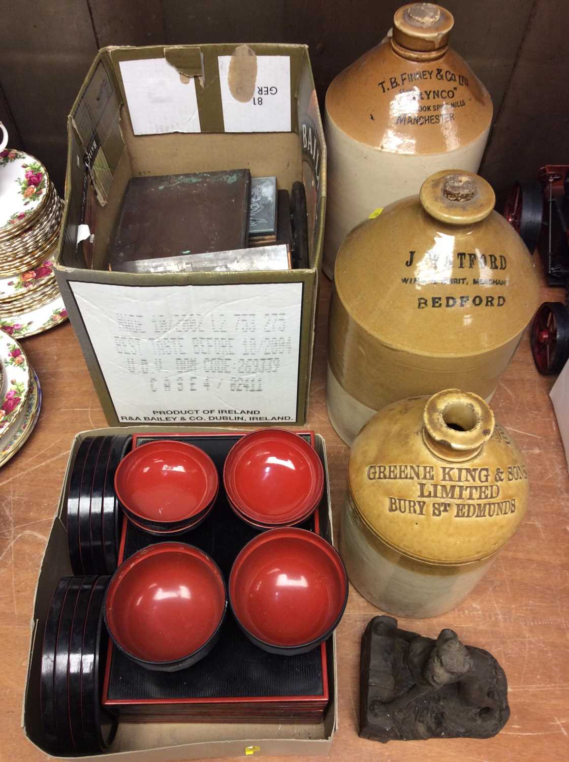 Three stoneware flagons, vintage glass negatives, Chinese red and black tea ware