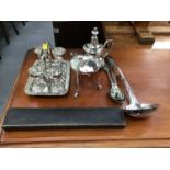Silver plated egg cruet and sundry plate