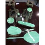 Silver and green enamel dressing table set and pair candlesticks