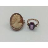 9ct gold amethyst ring and cameo brooch