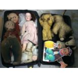 Suitcase containing vintage bears and dolls including an Armand Marseilles bisque head doll