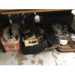 One box and two suitcases of metalware and tools, treen, toys and sundry items