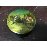 Russian lacquered papier mache lidded box, decorated with troika scene