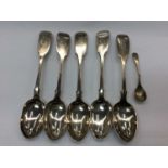 Set five silver teaspoons with engraved ‘E’ initial and a silver salt spoon (6)