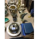 Silver plated muffin dish, together with brass candle sticks, silver plated tea set and other items