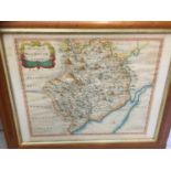 18th century handcoloured map of Monmouthshire by Robert Morden in swept glazed maple frame