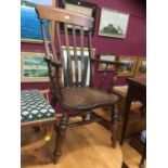 Antique-style elm high back elbow chair with turned supports