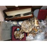 Vintage costume jewellery and bijouterie to include a silver ashtray, coins, Seiko wristwatch