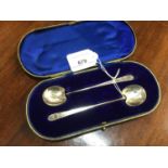 Pair of silver preserve spoons in fitted case