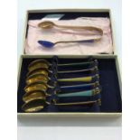 Set six Danish sterling silver gilt enamelled coffee spoons and pair sugar tongs