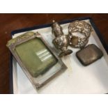 Silver photograph frame, silver napkin ring, pepperette and Vesta case