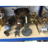 Pair of brass wall sconces, copper preserve pan, copper kettle and other metalwares