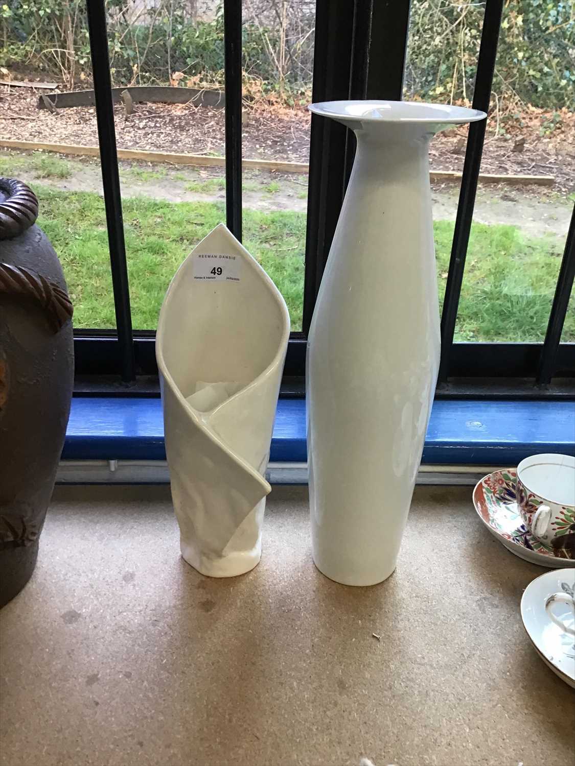 Carol McNicoll crumpled technique ceramic vase, together with a Fursenberg white glazed vase