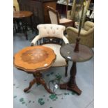 Edwardian brass and mahogany standard lamp, wine table and Edwardian corner chair