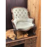 Victorian mahogany tub chair with bottomed upholstery on carved cabriole legs