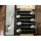 Six silver 'bean end' coffee spoons in fitted case, together with four silver coffee spoons