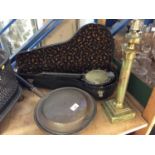 Green onyx table lamp, copper warming pan and a small banjo in case