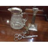Silver mounted cut glass jug, silver plated candlestick and two pairs plated scissors
