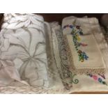 Group vintage table linens, embroidered cloths and lace