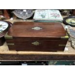 Georgian mahogany brass bound writing slope with brass flush side handles and single drawer