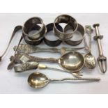 Five various silver napkin rings, silver and white metal flatware