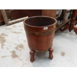 Brass bound wooden bucket, brass jardiniere on stand and occasional tables
