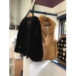 Ladies caramel coloured short fur coat, and a similar black fur coat (2)