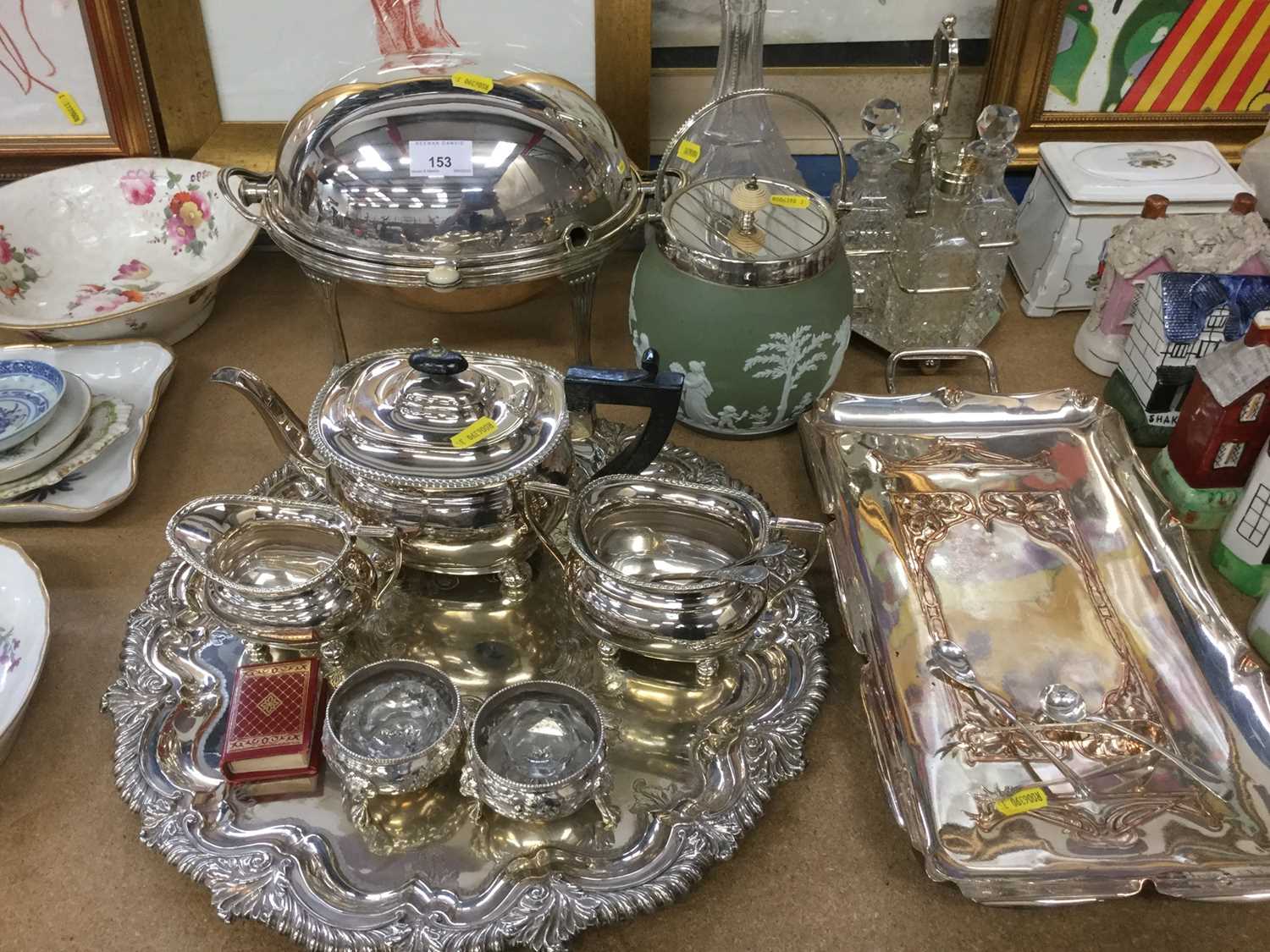 Group of various silver plate - tea set, trays, Wedgwood biscuit barrel, cruet stand and other items