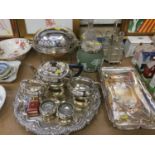 Group of various silver plate - tea set, trays, Wedgwood biscuit barrel, cruet stand and other items