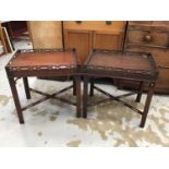 Pair of mahogany occasional tables with pierced gallery tops on chamfered legs joined