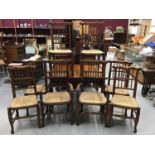 Set eight reproduction elm country dining chairs with rush seats