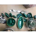 Group of Russian Malachite together with cut glass rose bowl, carved wooden figure and other items