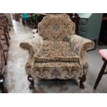 1920s upholstered armchair on walnut cabriole front legs