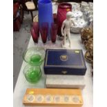 Ruby glass vase , six ruby glasses and sundry glassware