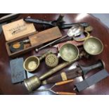 Chinese prayer bell, brass pots, pair metal salts, vintage cut throat razors, tools and other items