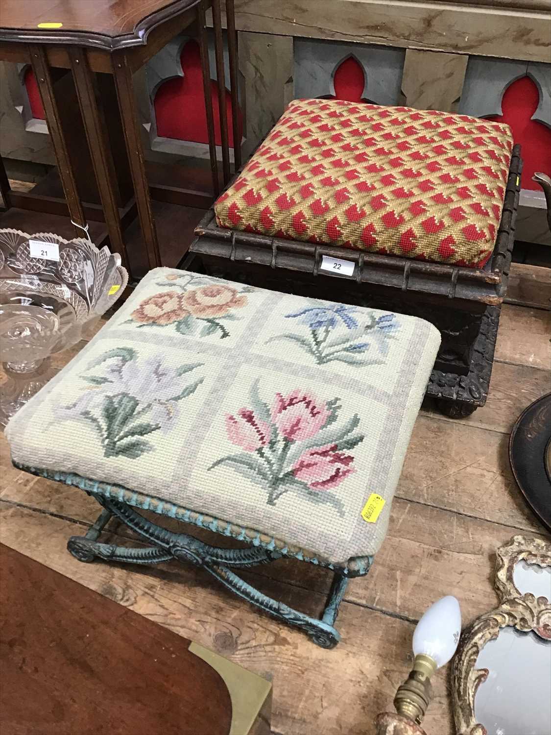 Victorian carved oak square footstool with tapestry top