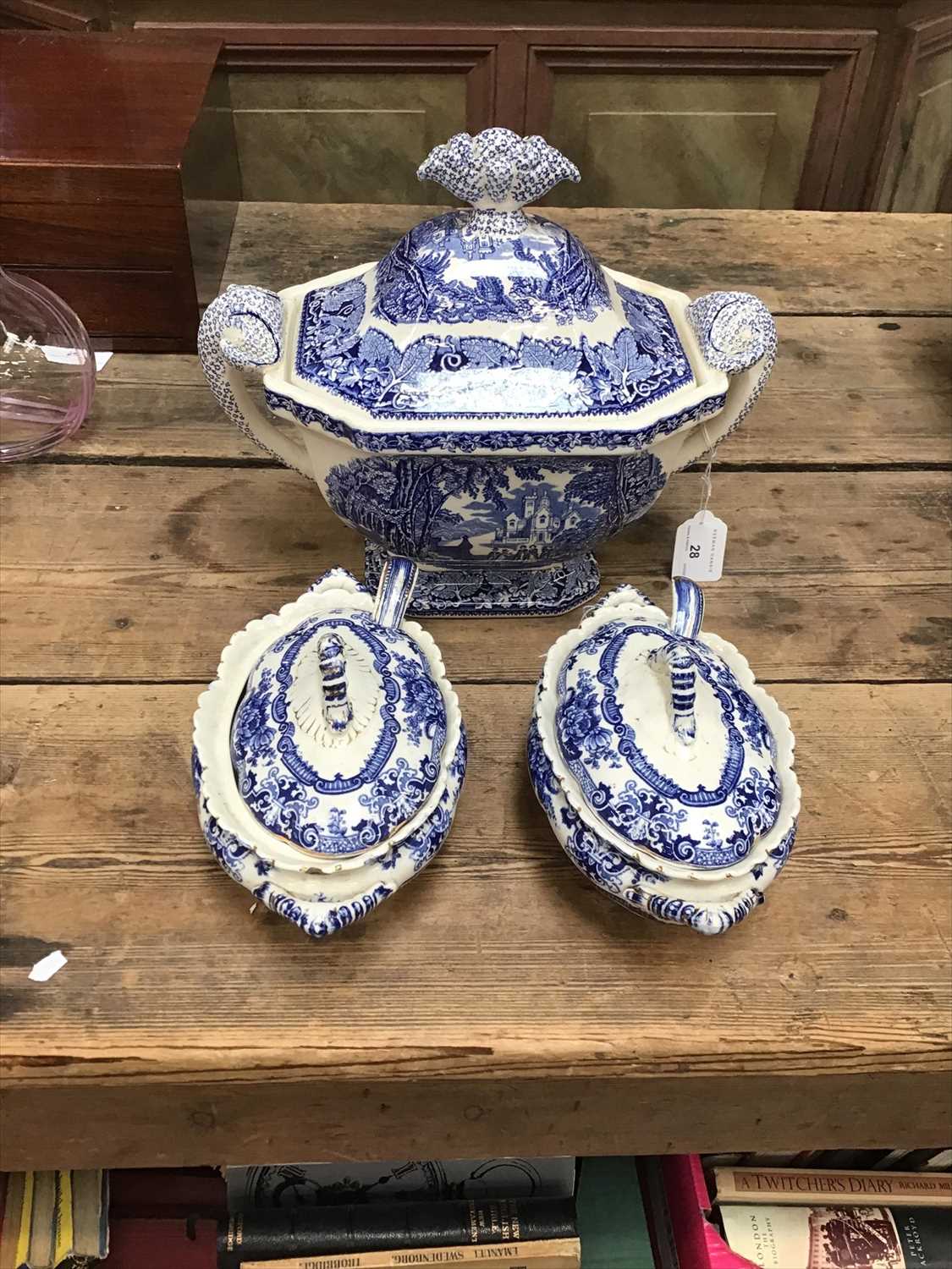 Blue printed soup and sauce tureens