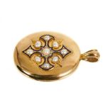 Victorian gold locket with pearl, diamond and blue enamel cross motif