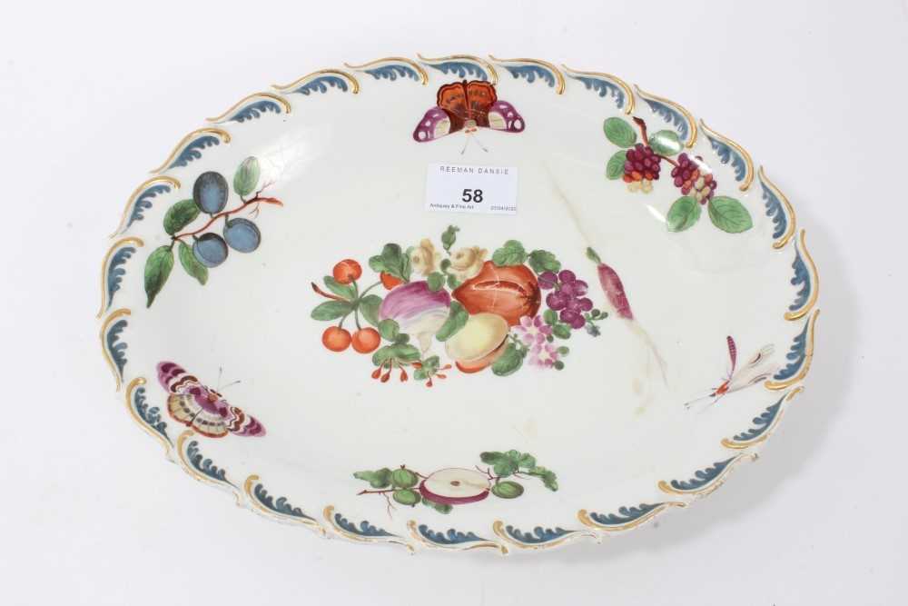 Chelsea oval dish painted with fruits, butterflies, and leaves, circa 1760