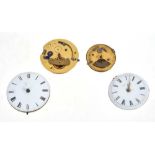 Four antique pocket watch movements to include a good 18th century verge fusee movement by Charles N