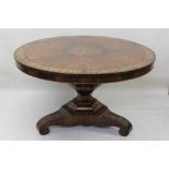 Fine early Victorian rosewood and floral marquetry inlaid tilt top circular dining table by Druce &