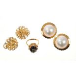 Pair of mabe pearl earrings in gold setting, pair of 18ct three-colour gold earrings and a gold and