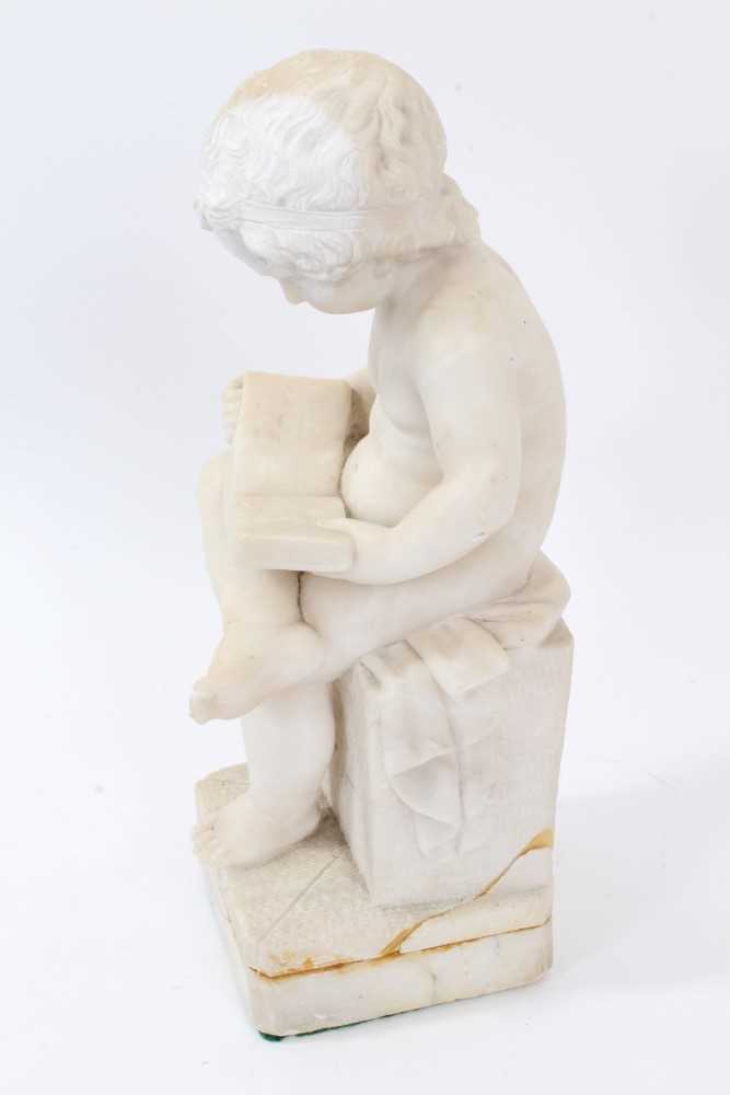 19th century Continental carved white marble figure of a putto reading a book - Image 3 of 5