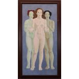 Francis Plummer (1930-2019) egg tempera on board - three muses, initialled and dated ‘77, framed, 12