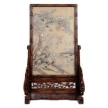 Early 20th century Chinese table screen, with silk banner in carved hardwood frame