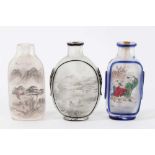 Three Chinese inside painted glass snuff bottles, the largest 7cm high