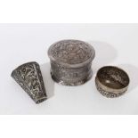 Chinese white metal wall pocket with dragon decoration, Eastern pot with cover and small bowl