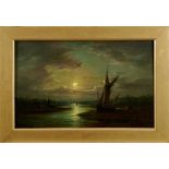 John Moore of Ipswich (1820-1902) oil on panel - shipping on the river by moonlight, signed, in gilt