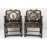 Good pair of early 20th century Chinese hardwood, mother of pearl inlaid and landscape marble inset