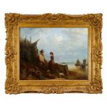 Edward Robert Smythe (1810-1899) oil on canvas - fisher-folk and their dog on the shore, signed, in